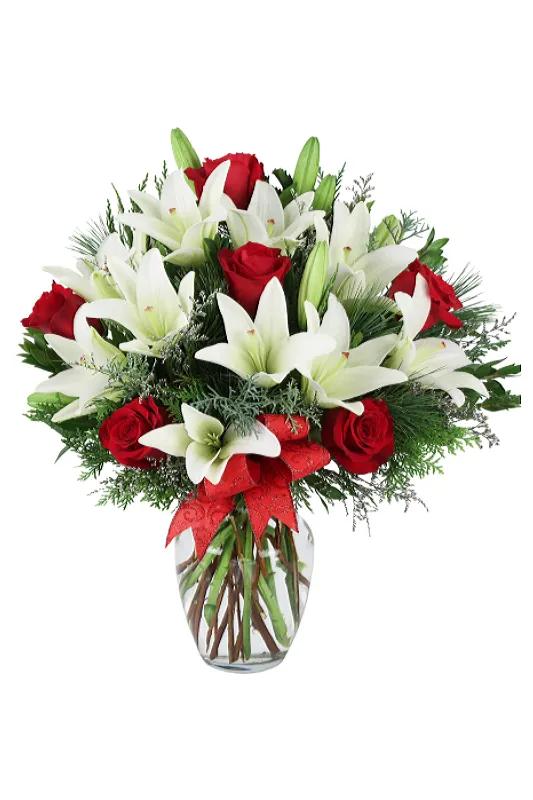 紅玫瑰 + 白百合 + 襯葉 連花瓶 - 點擊查看商品詳情 紅玫瑰 + 白百合 + 襯葉 連花瓶 | 御花店