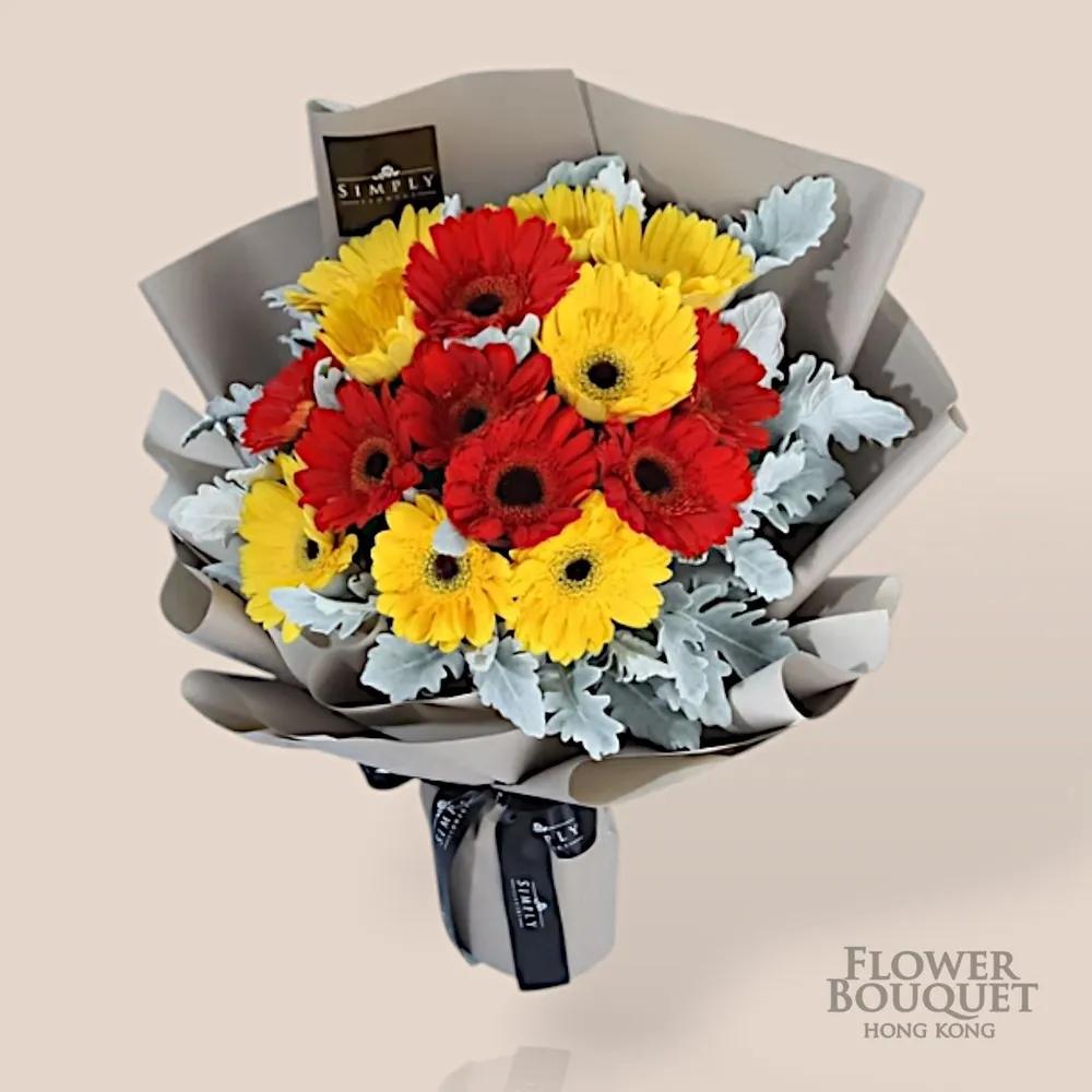紅色太陽花 + 黃色太陽花 + 銀絨葉 花束 - 點擊查看商品詳情 紅色太陽花 + 黃色太陽花 + 銀絨葉 花束 | 御花店